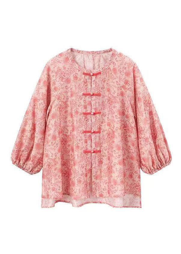 Chemise en coton à boutons chinois à imprimé rose naturel à manches longues BV088
