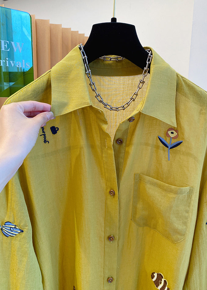 Peter Shirt Yellow Collar Natural Cotton Pan Embroidered Tops