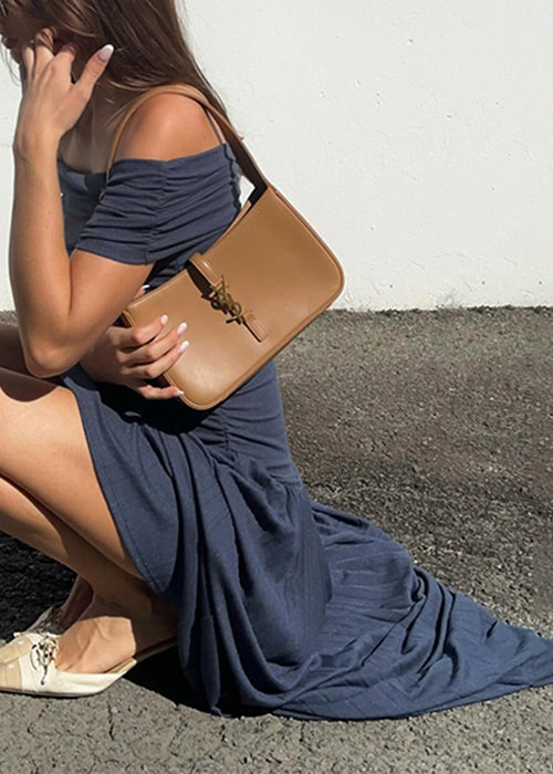 Robe longue unie froissée bleu marine à col bateau, été YZ071