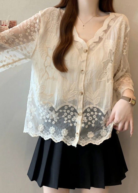 Cotton Embroidered Button Sleeve New Bracelet Shirts Apricot