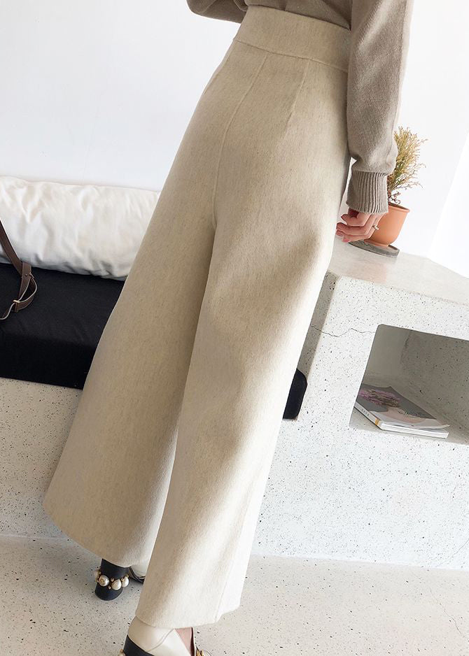 Pantalon court taille haute en laine beige avec poches pour l'hiver RF024