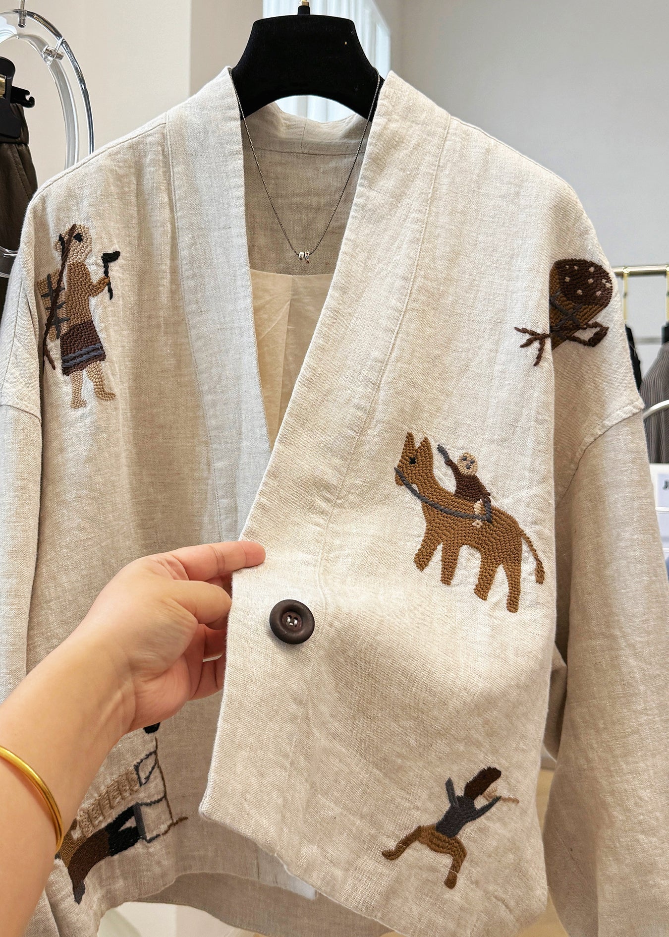 Beige Neck Patchwork Coats V Fall Linen New Embroidered