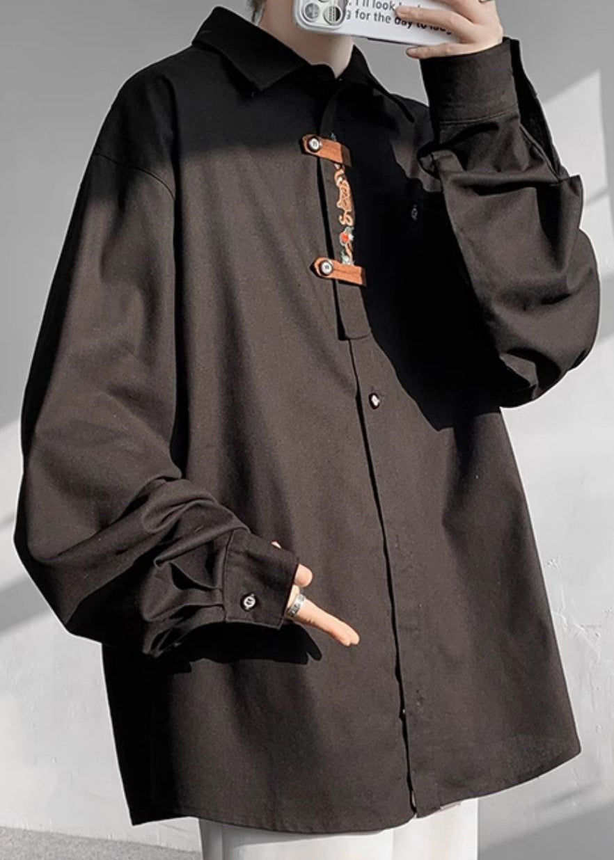 Nouvelles chemises noires en coton à boutons brodés pour hommes, automne WJ033
