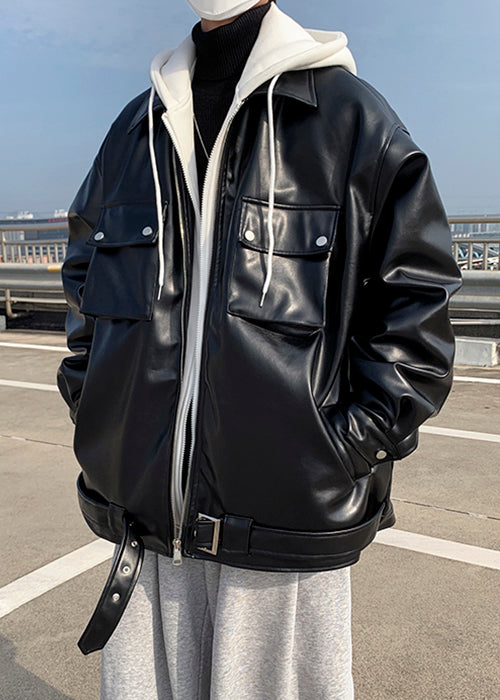 Manteau en similicuir noir à capuche pour homme, deux pièces, patchwork, printemps RN022