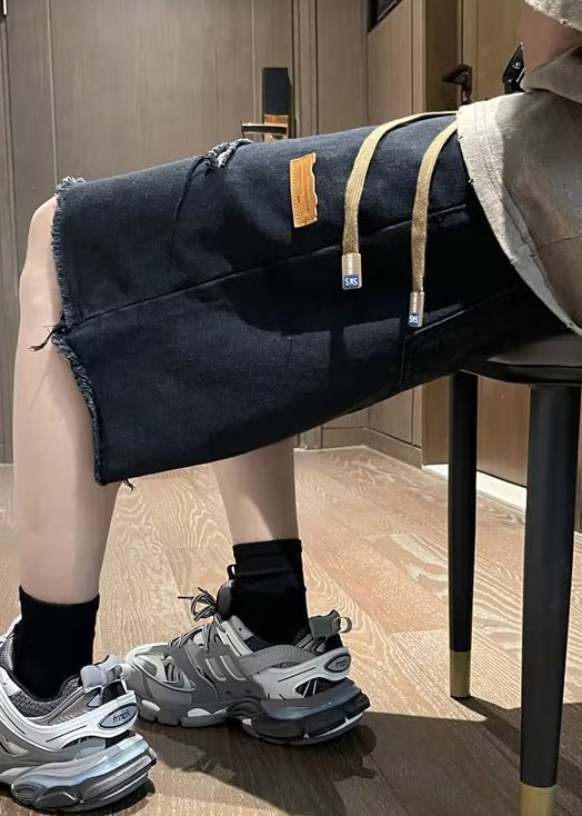 New Black Pockets Drawstring Denim Men Ripped Jeans Summer YL023