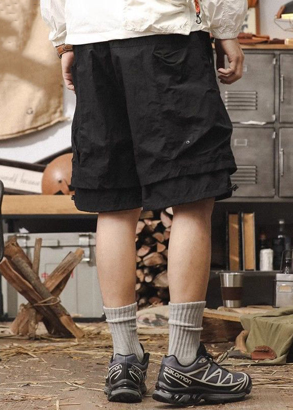 New Cotton Patchwork Pockets Mens Pieces Two Shorts Black False