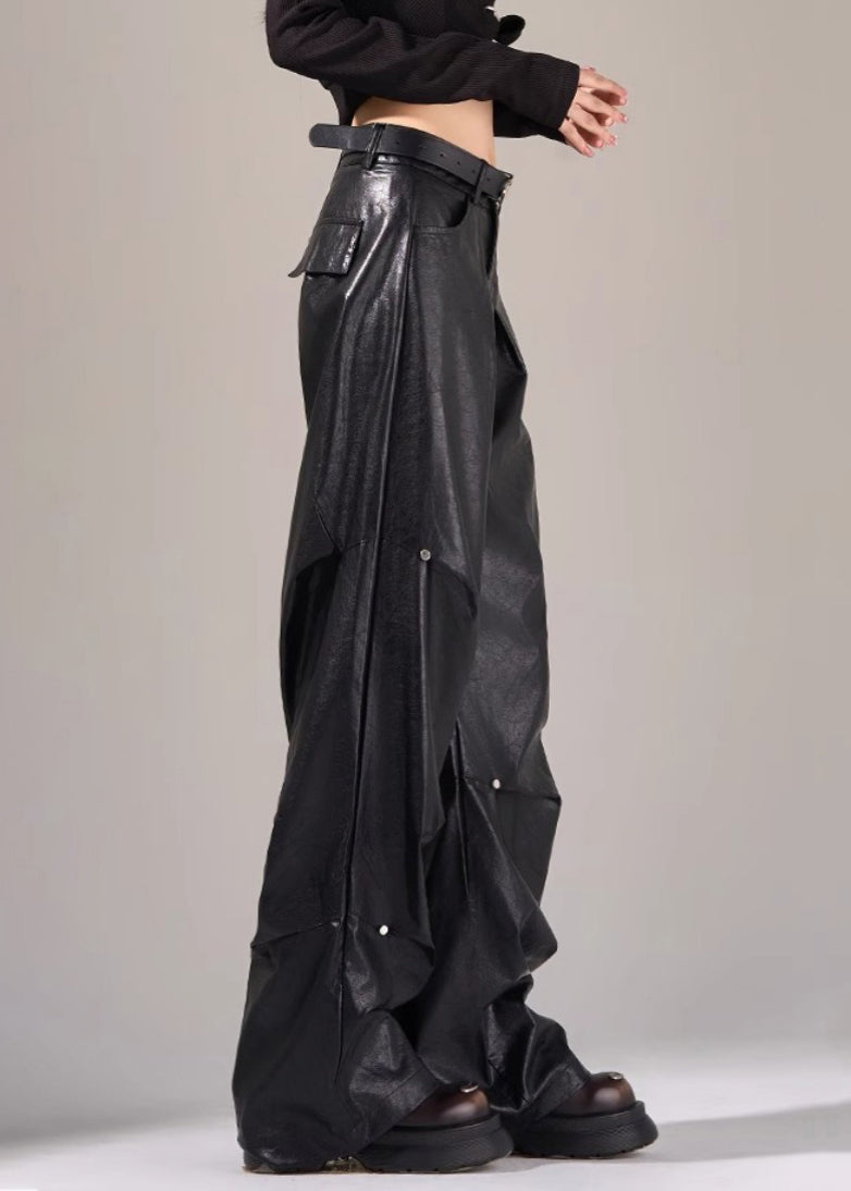 Pantalon en similicuir taille haute froissé avec poches noires, nouvelle collection automne WP051