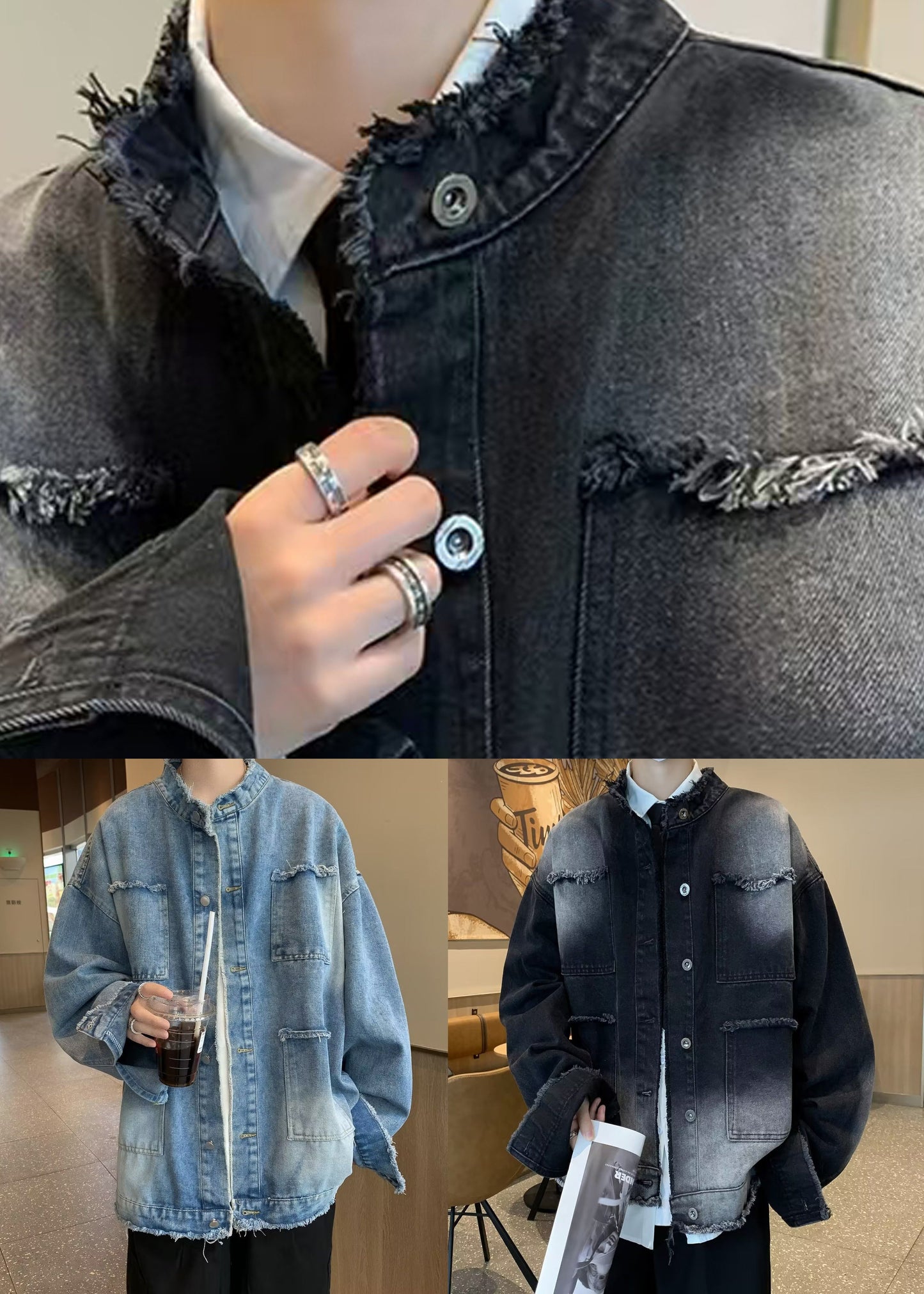 New Denim Button Collar Spring TC037 Black Pockets Stand Coat Mens