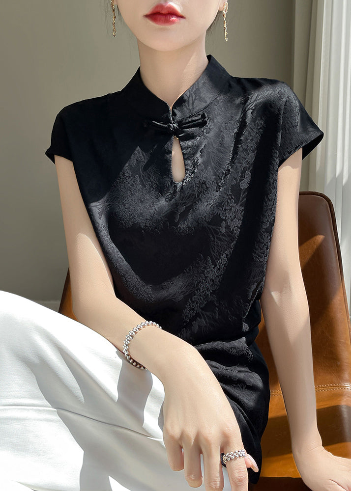 Neue schwarze Seidenbluse mit Stehkragen und offener Vorderseite, Sommer, AB1007
