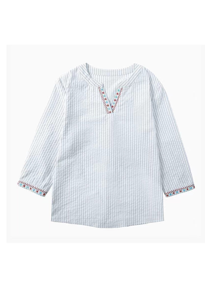 Chemisier rayé bleu brodé en coton avec manches bracelet TH024