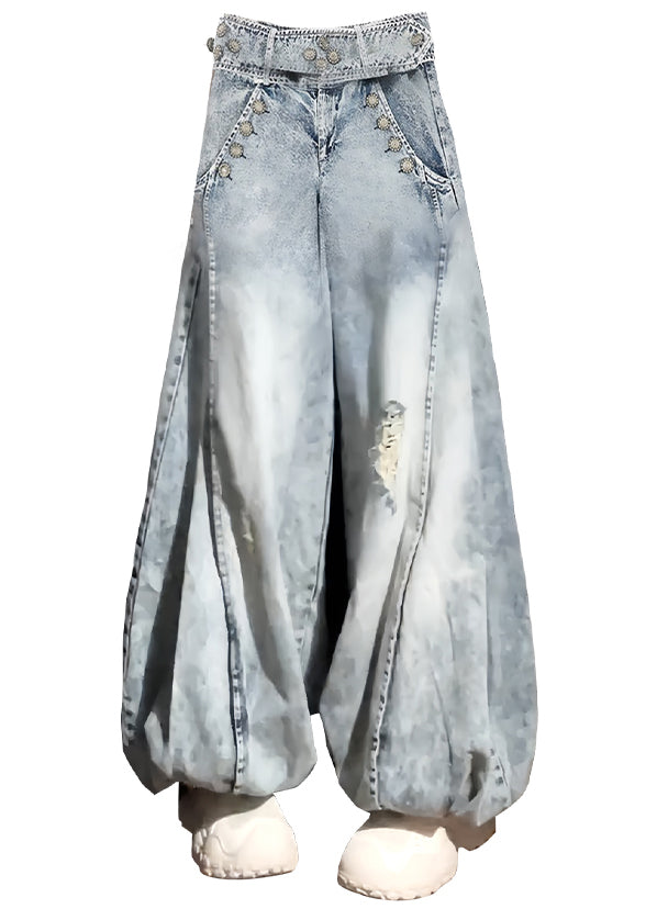 Neue blaue Lochtaschen mit hoher Taille, Jeanslaternenhose, Herbst, QF054