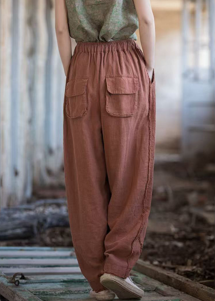 Neue Ziegelrote Taschen Kordelzug Leinenhose Sommer QE028