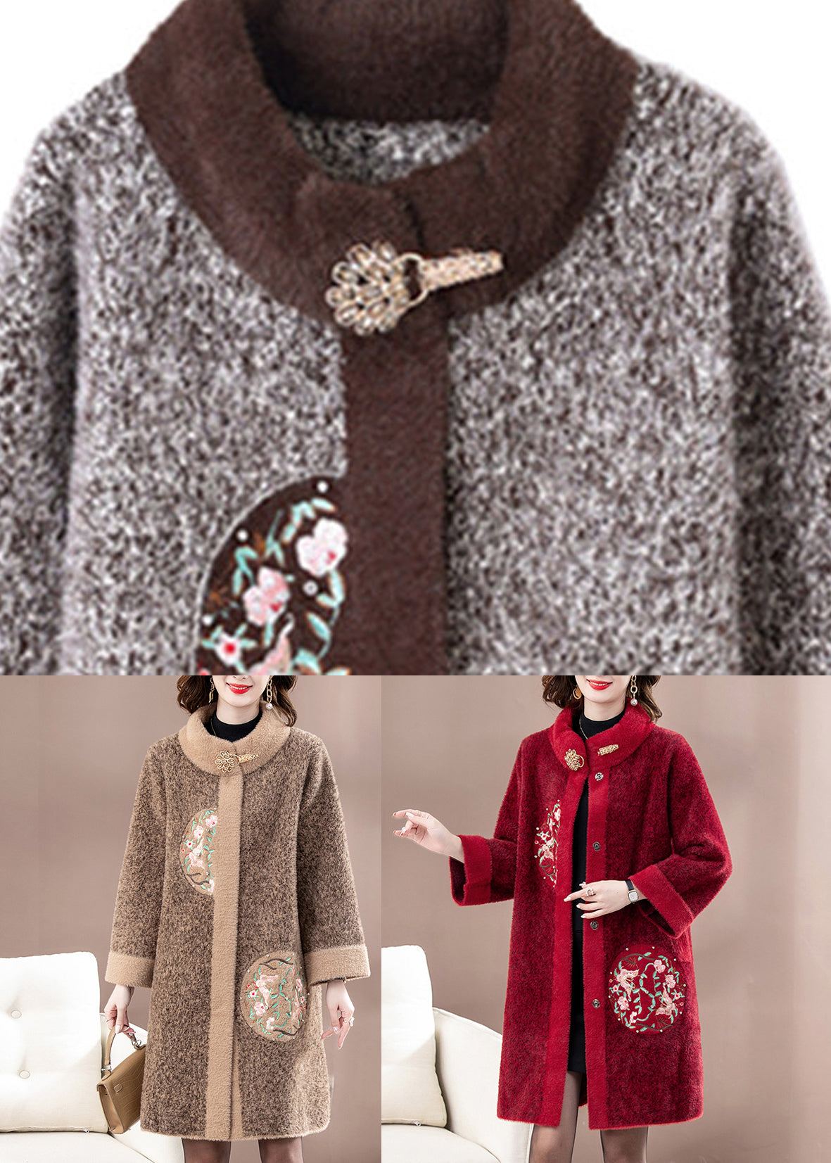 Manteau en laine et velours de vison marron à boutons patchwork, printemps TA037