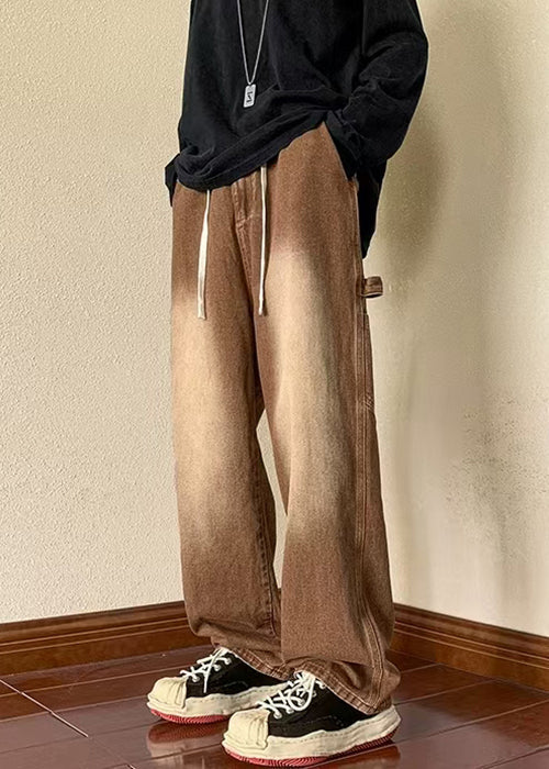 Denim New Spring Men Brown Waist Pants Pockets Elastic