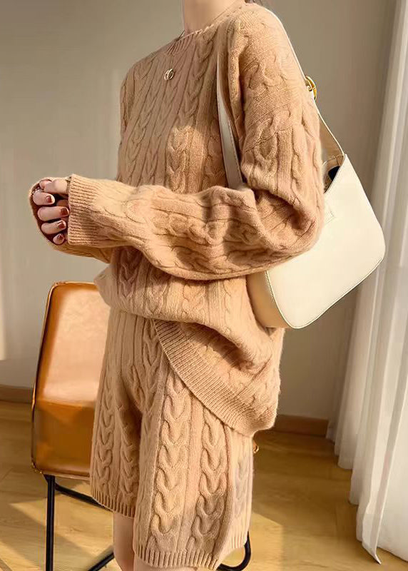 Neu Kamel O Neck Solid Gemütliche Wolle Stricken Zwei Stücke Set Winter WQ041