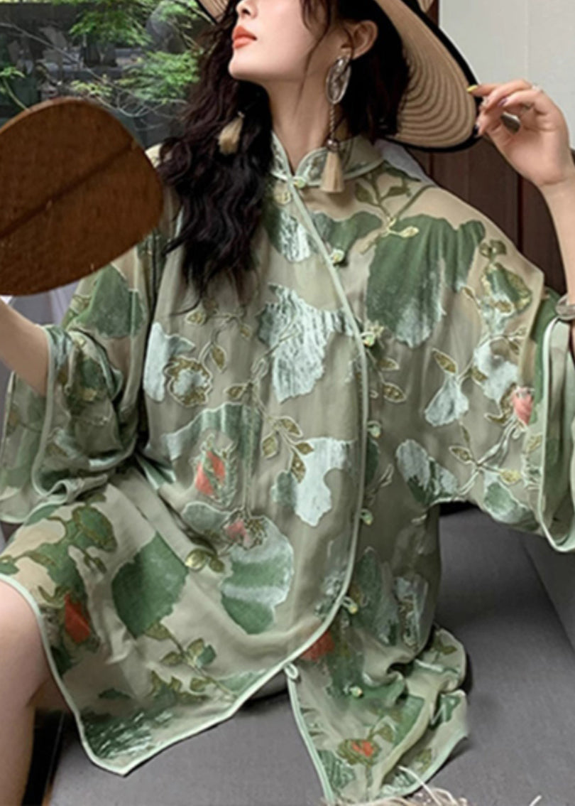 Nouveau haut à imprimé col montant vert de style chinois pour l'été ZL062