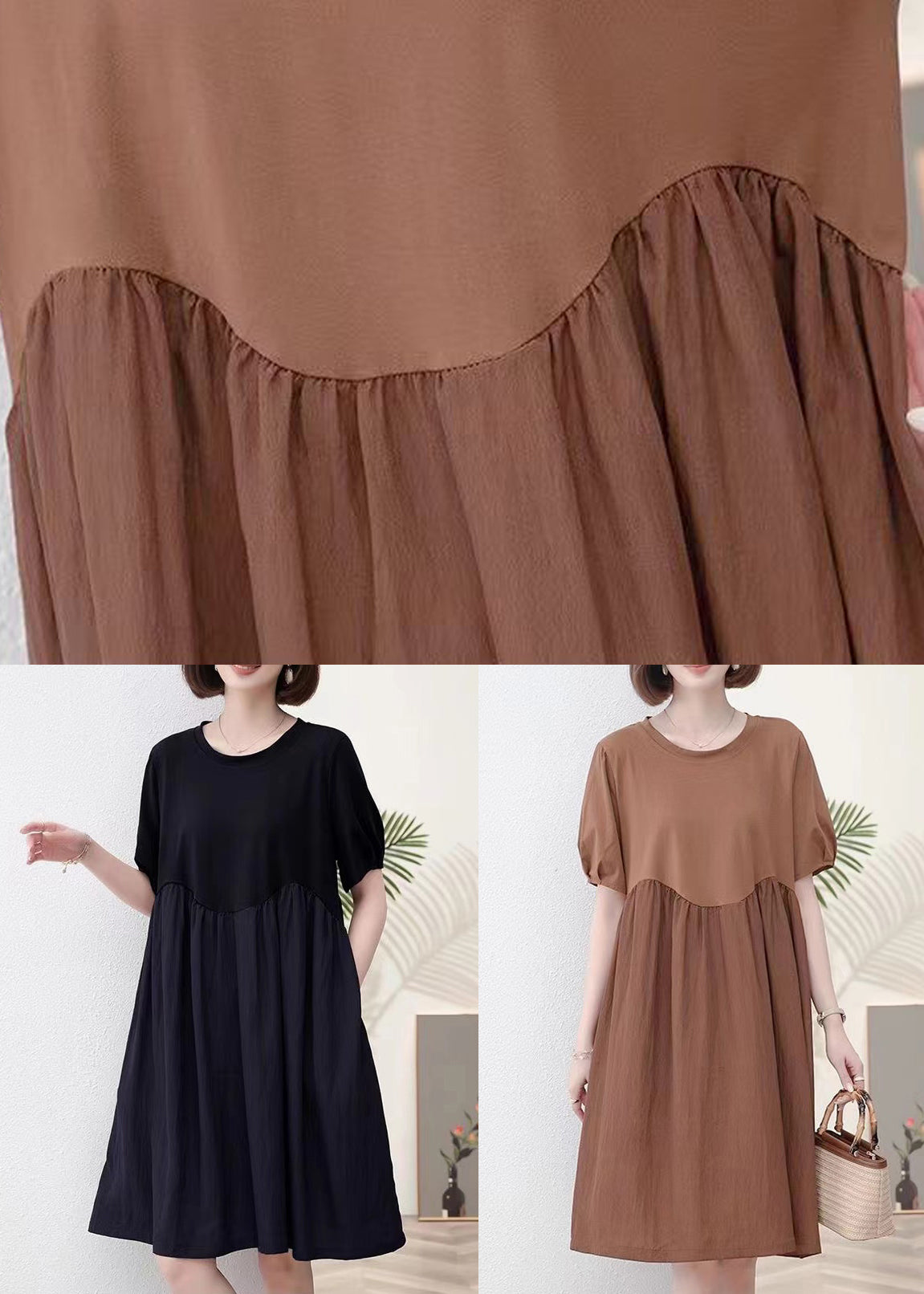 Neues, kaffeefarbenes, faltiges Baumwollkleid mit kurzen Ärmeln MN039