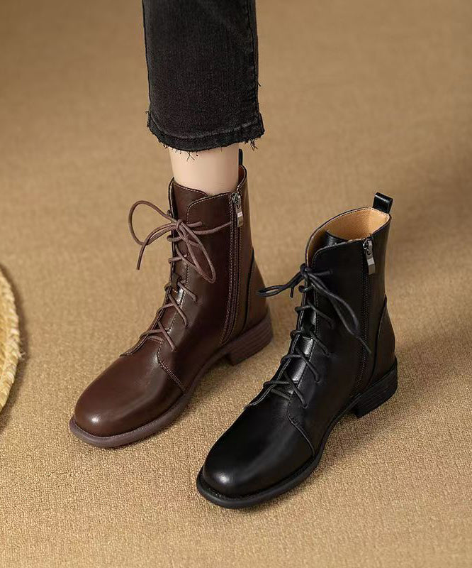 Bottes en cuir de vachette neuves avec lacets et fermeture éclair Marron AP1001