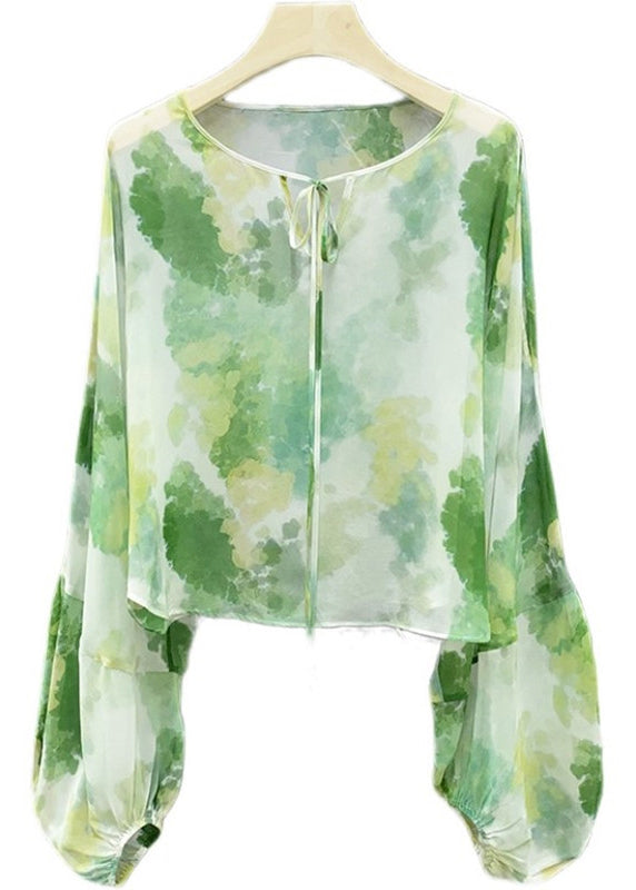 Neue grüne Chiffon-Hemden mit Schnürung und Print, langärmelig, XX042