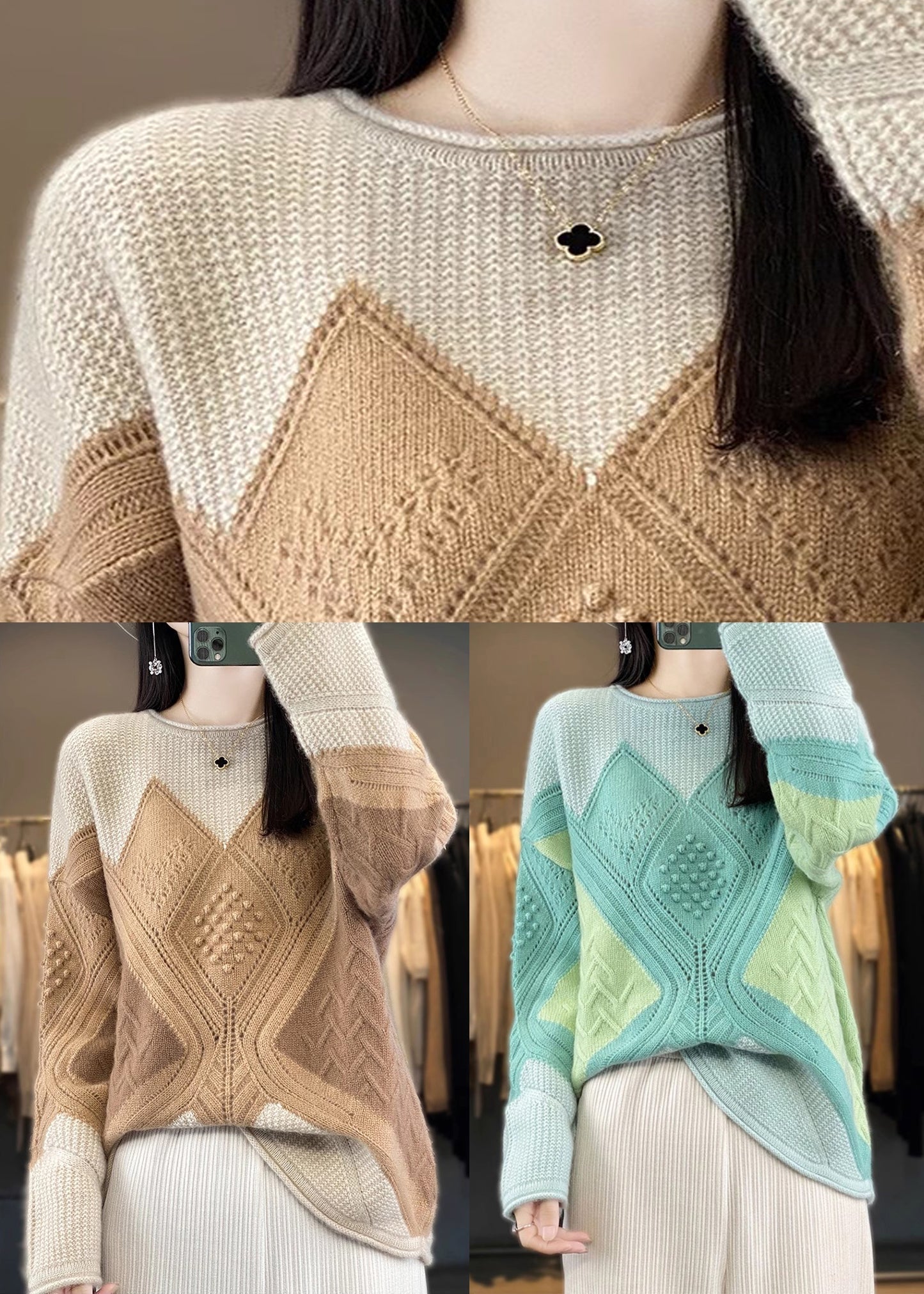 Neue grüne O-Ausschnitt Patchwork Wollstrickpullover Frühling YW044