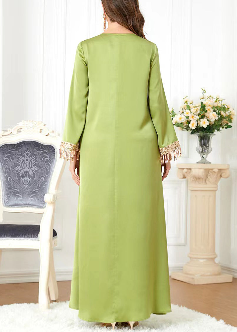 Neues, grünes, langes Kleid aus Baumwolle mit Rundhalsausschnitt und Quasten, Frühling AA1036