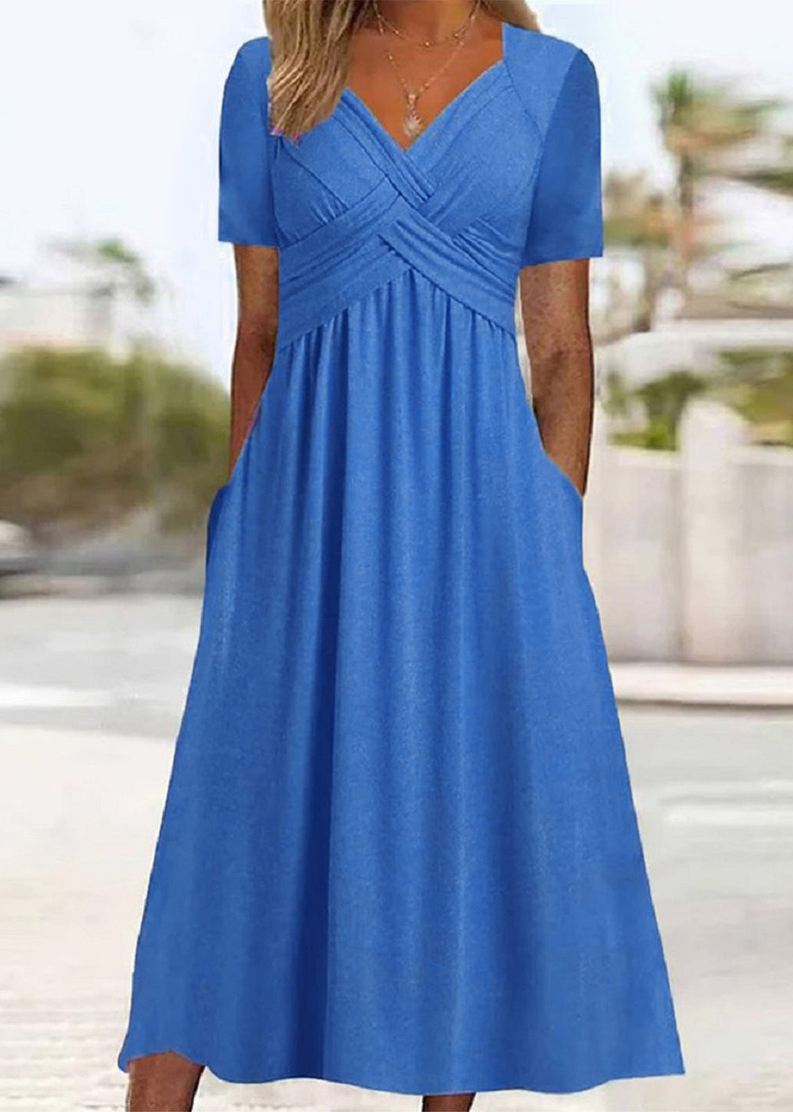 Robe longue verte en coton uni avec col en V et poches, nouvelle collection été QA026