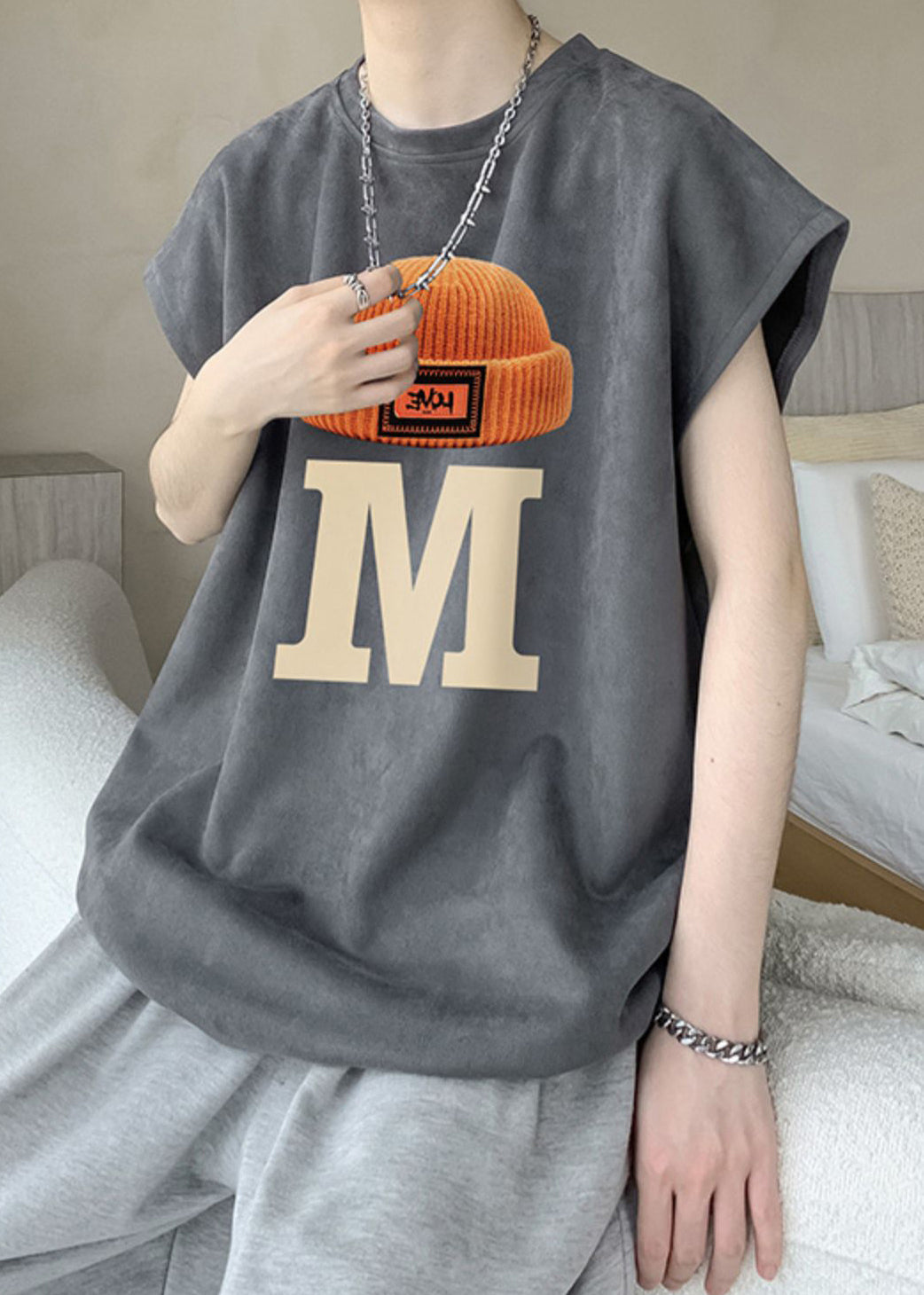 T-shirt d'été en coton imprimé gris pour homme