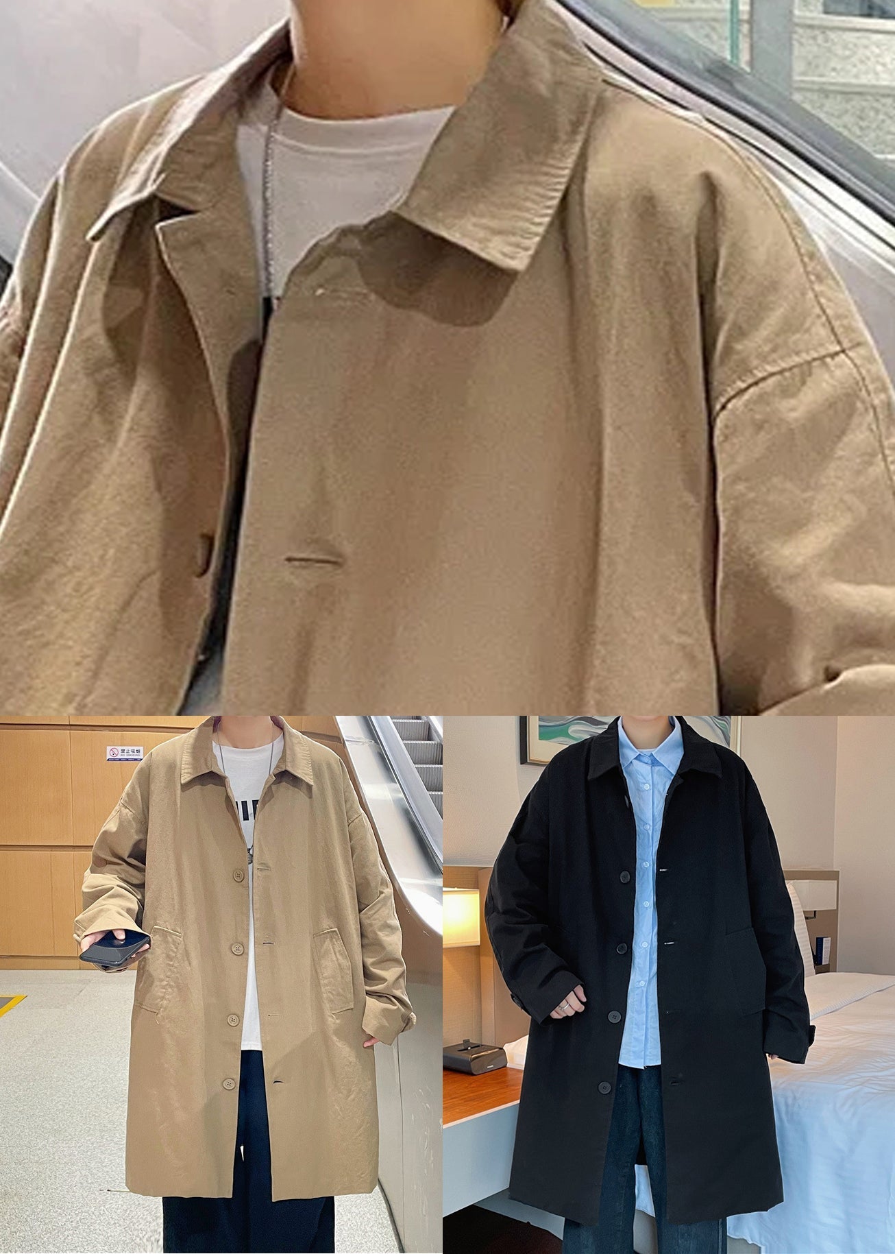 New Khaki Peter Pan Collar Button Pockets Cotton Men Coat Spring YQ017