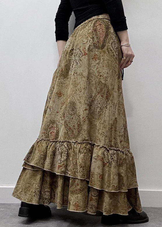 Neu Baumwolle Rüschen Elastische Khaki Taille Sommer Maxi Röcke