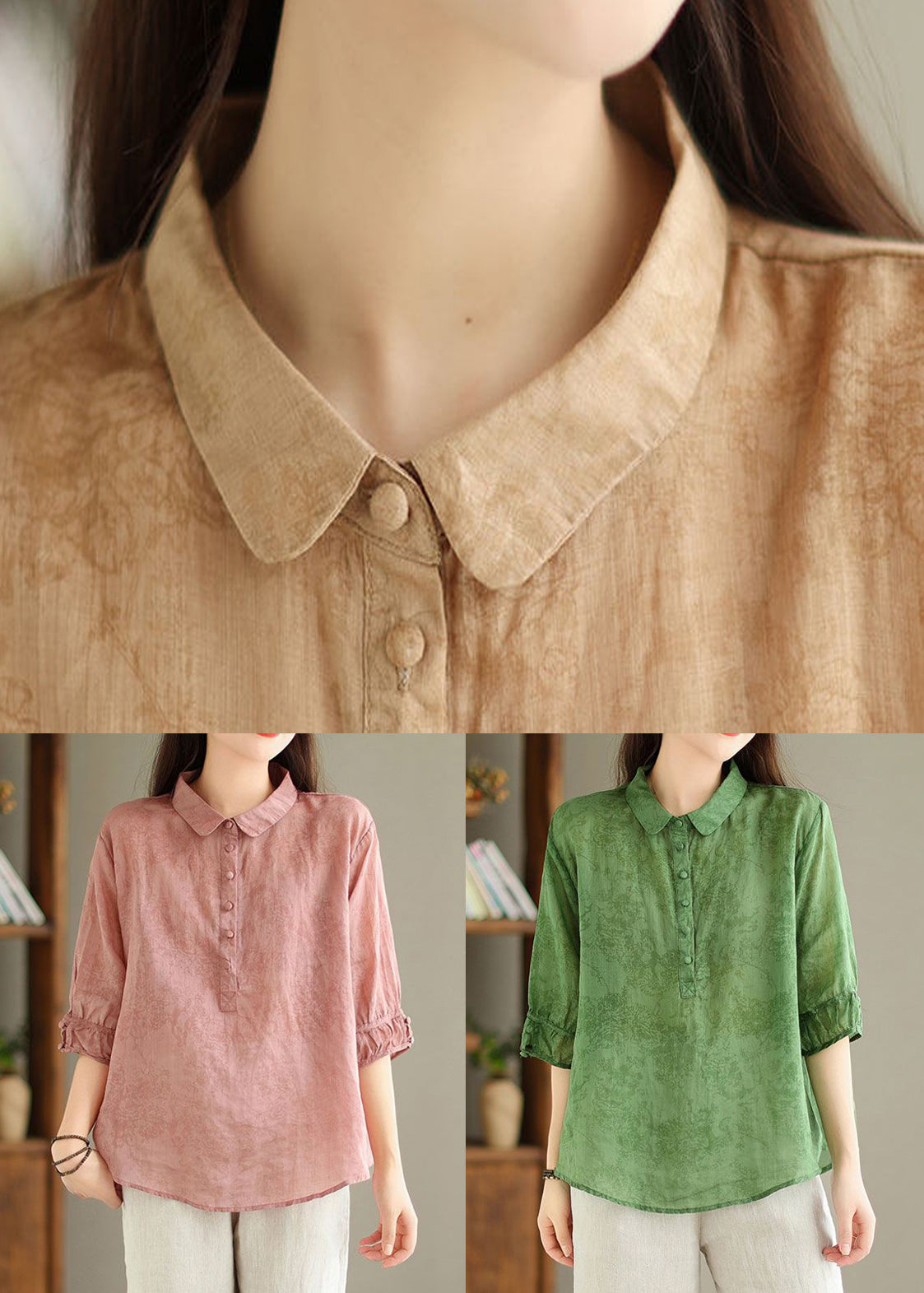 New Khaki Solid Button Print Linen Shirt Summer GG044