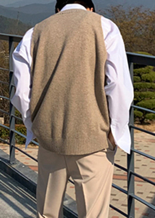 Gilet sans manches en tricot kaki uni et confortable pour homme, col en V, RJ024