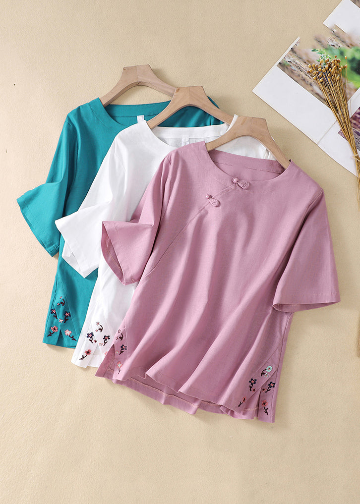 New Peacock Blue Embroidered Side Open Cotton T Shirt Summer GG023