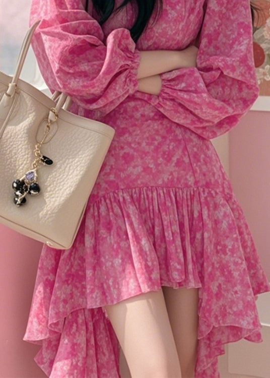 Pink Spring Print Cotton New Dress Asymmetrical Mid
