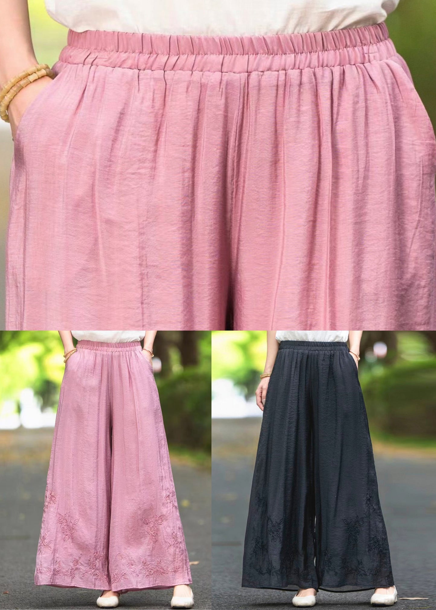Elastische Sommerhose aus Seide mit Stickereien, Taille und weitem Bein, Rosa, Neu