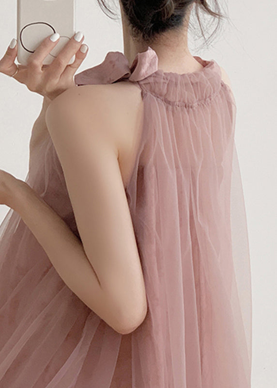 New Pink Halter Design Print Chiffon Dress Sleeveless EE1010