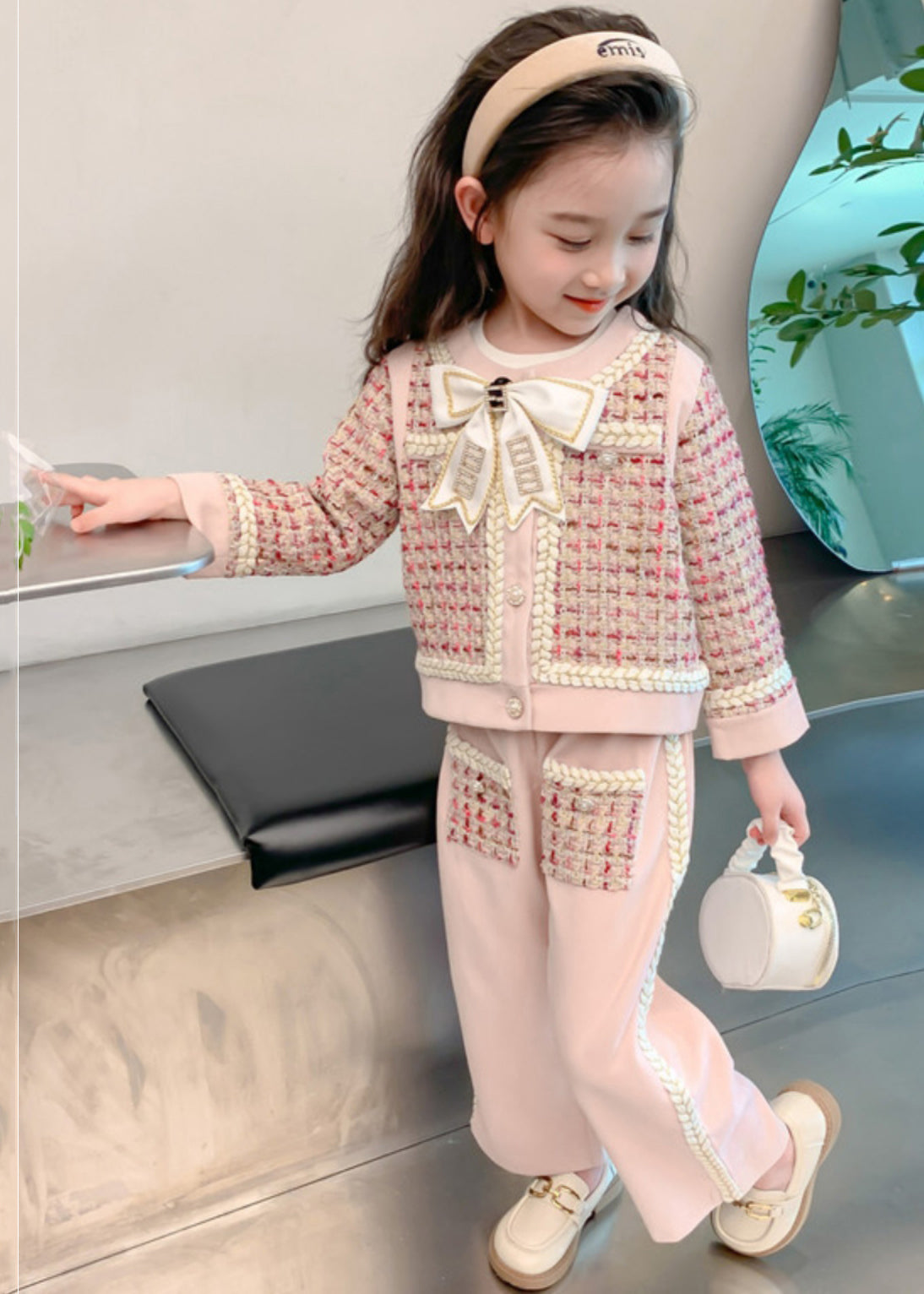 Ensemble deux pièces rose pour enfant, haut à col rond et pantalon large, avec nœud et boutons, printemps TR024