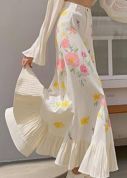 Neu Rosa Druck Taille Frühling Röcke Baumwolle Hohe Faltig