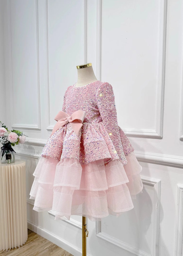 Nouvelles robes longues roses en tulle à paillettes et nœud pour filles, printemps YG013