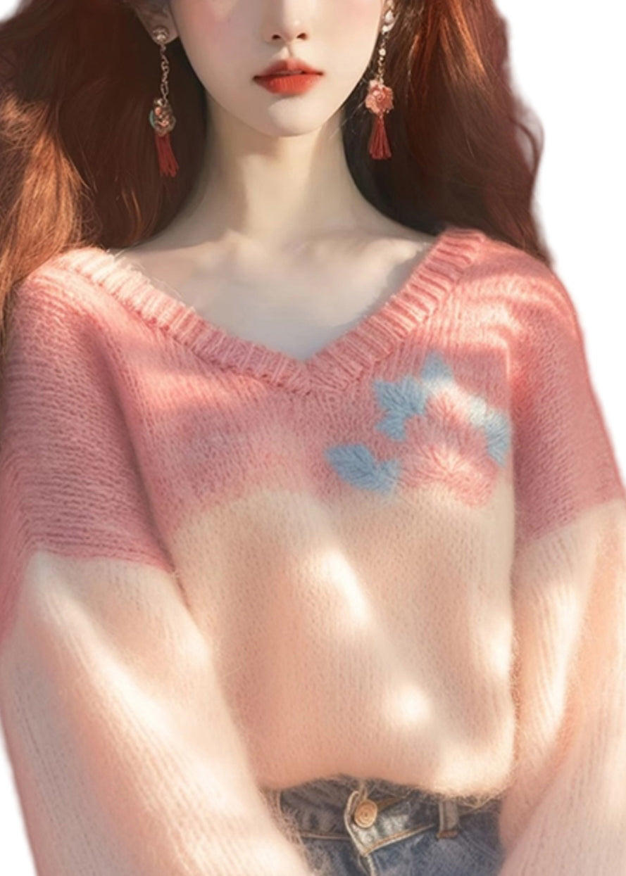 Pulls en tricot patchwork rose à col en V pour l'hiver WX020