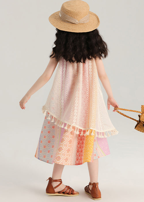 New Print Tasseled Hollow Out Knitting Cotton Girls Dress Sleeveless TT013