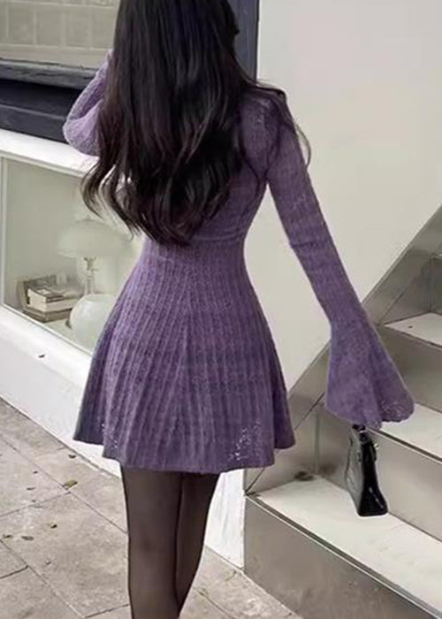 Nouvelle robe mi-longue violette à col rond et manches évasées YZ048