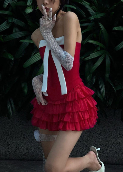 Ensemble deux pièces en coton avec débardeur à nœud rouge et jupe plissée sans manches YZ043
