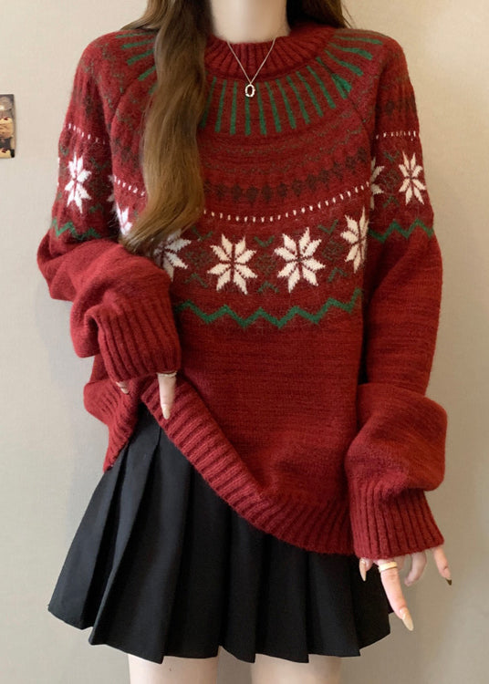Neu Rot O Neck Jacquard Dicken Stricken Pullover Winter RG034