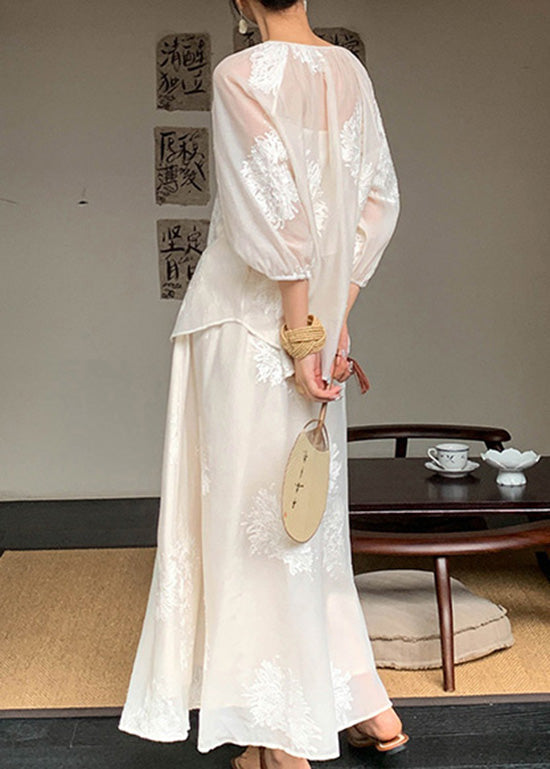 Embroidered Two Beige Piece Retro New Set Cotton Summer Outfits