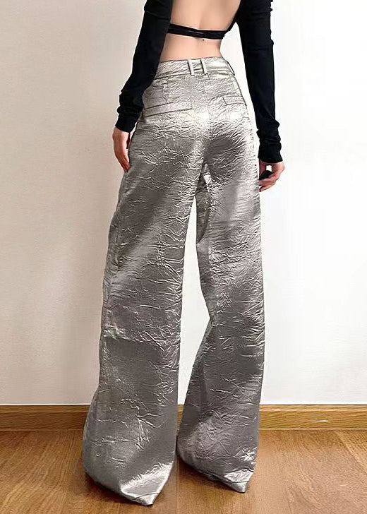 Neue silberne Hose mit Taschen, hoher Taille und weitem Bein, Sommer AW1020