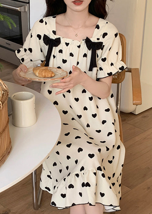 Neue weiße Schleife Liebevolles Herz Baumwolle Pyjamas Langes Kleid Sommer YK020