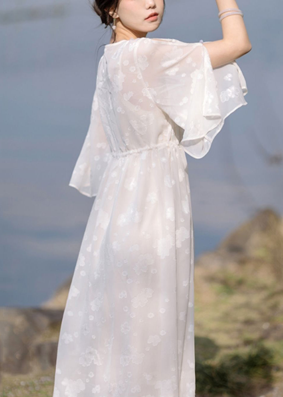 Neu Weiß V-Ausschnitt Lace Up Chiffon Zweiteiler Set Halbarm KK032