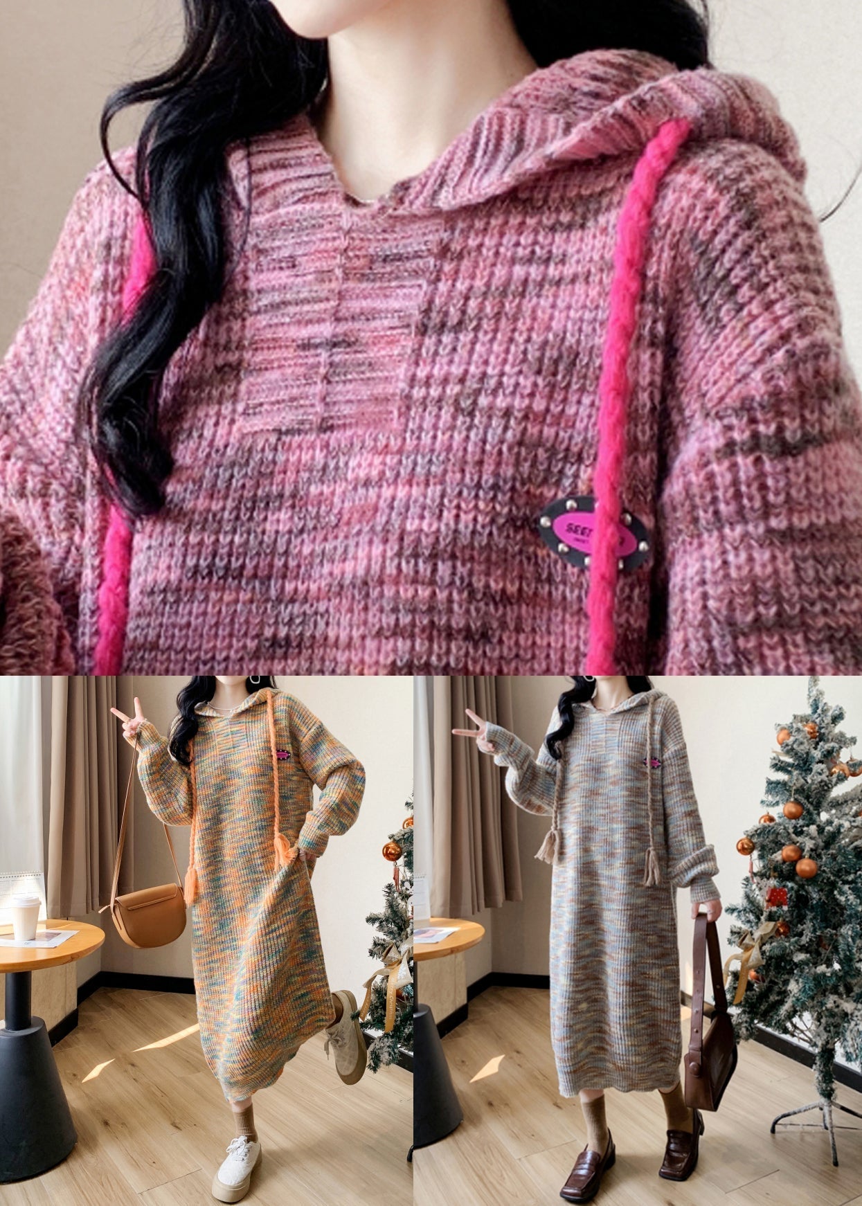 Nouvelle robe pull jaune à capuche en tricot de coton confortable pour l'hiver RK033
