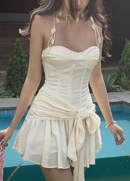 Robe courte en coton sans manches avec nœud beige fantaisie, design original, YZ058