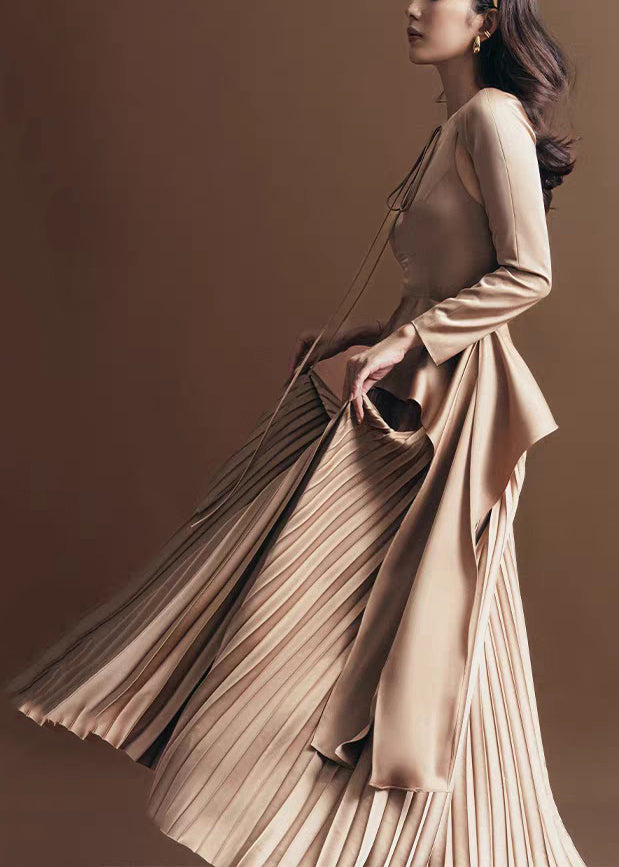 Lace Silk Khaki Novelty Up Dress Wrinkled Long Fall